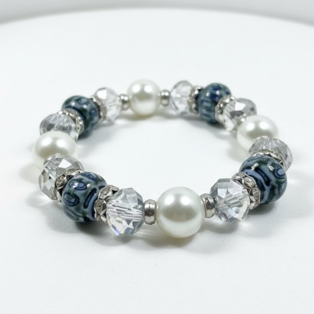 Blue Beads Imitation Pearl Bracelet Stretchy Bangle Stackable Boho Chic Jewelry